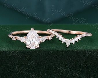 Unique Pear shaped Moissanite engagement ring set Solid 14K Rose gold engagement ring Pear Diamond vintage Bridal anniversary gift for her