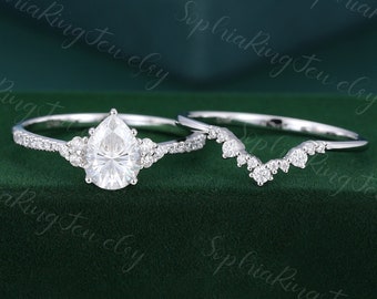 Pear shaped Moissanite engagement ring set Unique White gold engagement ring vintage curved Diamond wedding Bridal anniversary gift for her