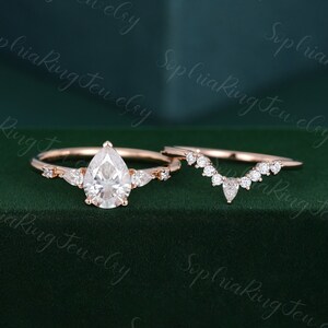 Pear shaped moissanite engagement ring set Unique solid 14k rose gold propose ring Vintage bridal stack curved wedding Band Anniversary gift