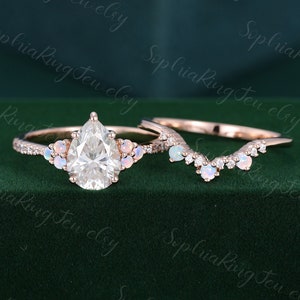 Pear shaped Moissanite engagement ring set curved Unique Rose gold Opal engagement ring Diamond wedding Bridal anniversary gift for her