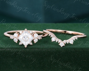 Princess cut moissanite engagement ring set women Rose gold cluster diamond engagement ring unique curve wedding Bridal Anniversary Gift