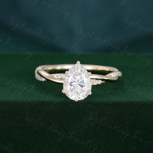 Pear shaped Moissanite engagement Ring Vintage Yellow gold engagement ring Twisted Diamond Unique wedding Bridal Anniversary gift for women
