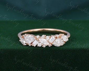 Rose gold wedding band women Marquise/baguette/pear shaped Moissanite wedding band vintage stacking matching half eternity ring Bridal Gift