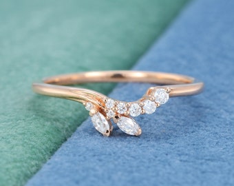 Rose gold marquise cut unique wedding band Curve wedding band women diamond ring stacking matching ring Unique Art deco Bridal Gift for her