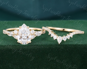 6*8mm Pear shaped Moissanite engagement ring set Yellow gold engagement ring Solid 14K Diamond vintage Bridal anniversary gift for women