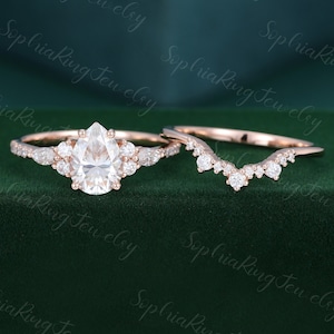 Unique Pear shaped Moissanite engagement ring set Rose gold vintage engagement ring Solid Pear 14K Diamond Bridal anniversary gift for women