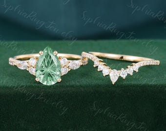 6*8mm Pear firework cut Lab green sapphire engagement ring set Unique rose gold Bridal engagement ring Cluster wedding promise women gift