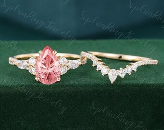 6*8mm Pear firework cut Lab pink sapphire engagement ring set Unique rose gold Bridal engagement ring Cluster wedding promise women gift