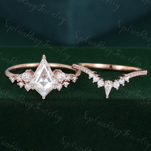 7x10mm Kite Cut moissanite engagement ring set Unique rose gold engagement ring set diamond bridal ring Promise Anniversary gift for women