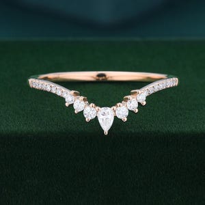 Anillo de boda curvo, vintage, oro rosa de 14k, anillo de moissanita en forma de pera para matrimonio, anillo de diamantes apilable a juego para mujer, anillo de promesa nupcial