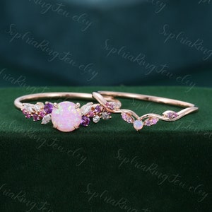 6.5mm Round cut Lab Opal engagement ring set Unique rose gold engagement ring Pink sapphire/Amethyst wedding diamond Promise gift for women