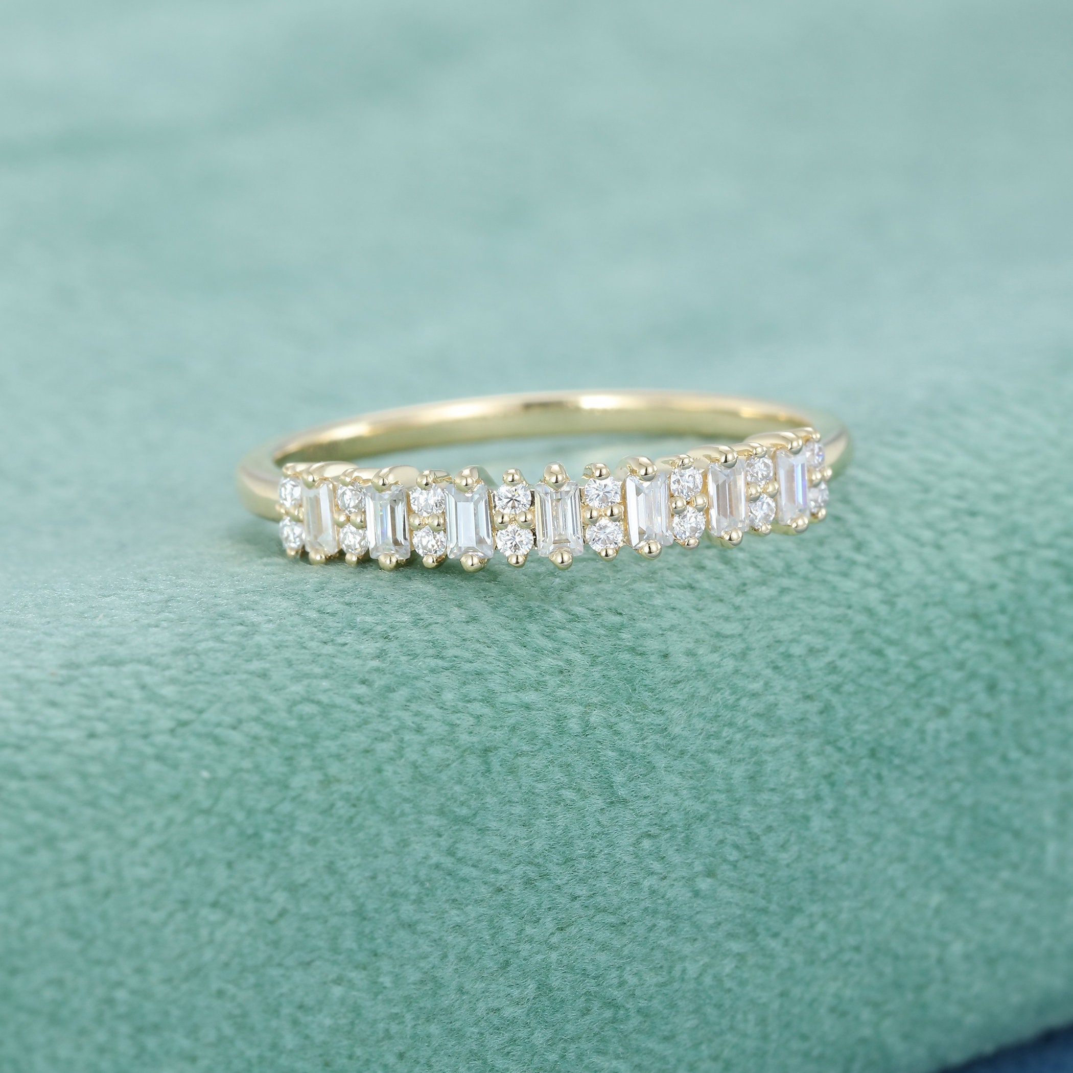 Yellow Gold Moissanite Wedding Band Women Unique Half Eternity Wedding ...