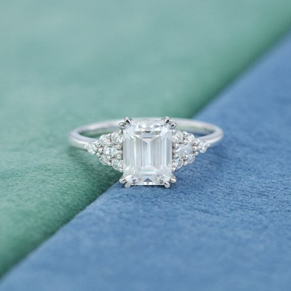 Emerald cut Moissanite engagement ring White gold cluster | Etsy