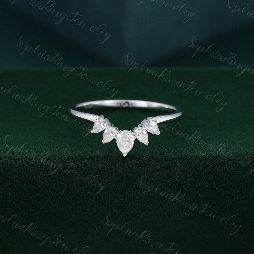 Pear Shaped Curve Wedding Band White Gold Moissanite Wedding Band Women