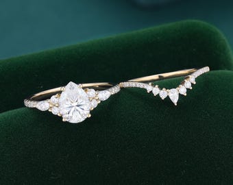 Peervormige moissaniet verlovingsring set vrouwen vintage 10k geelgouden art deco bruids belofte diamanten ring stapelen gebogen trouwring