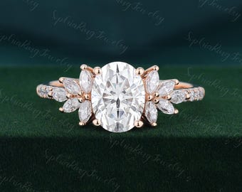 Unique Oval cut Moissanite engagement ring vintage Rose gold diamond engagement ring Bridal wedding Anniversary promise gift for women