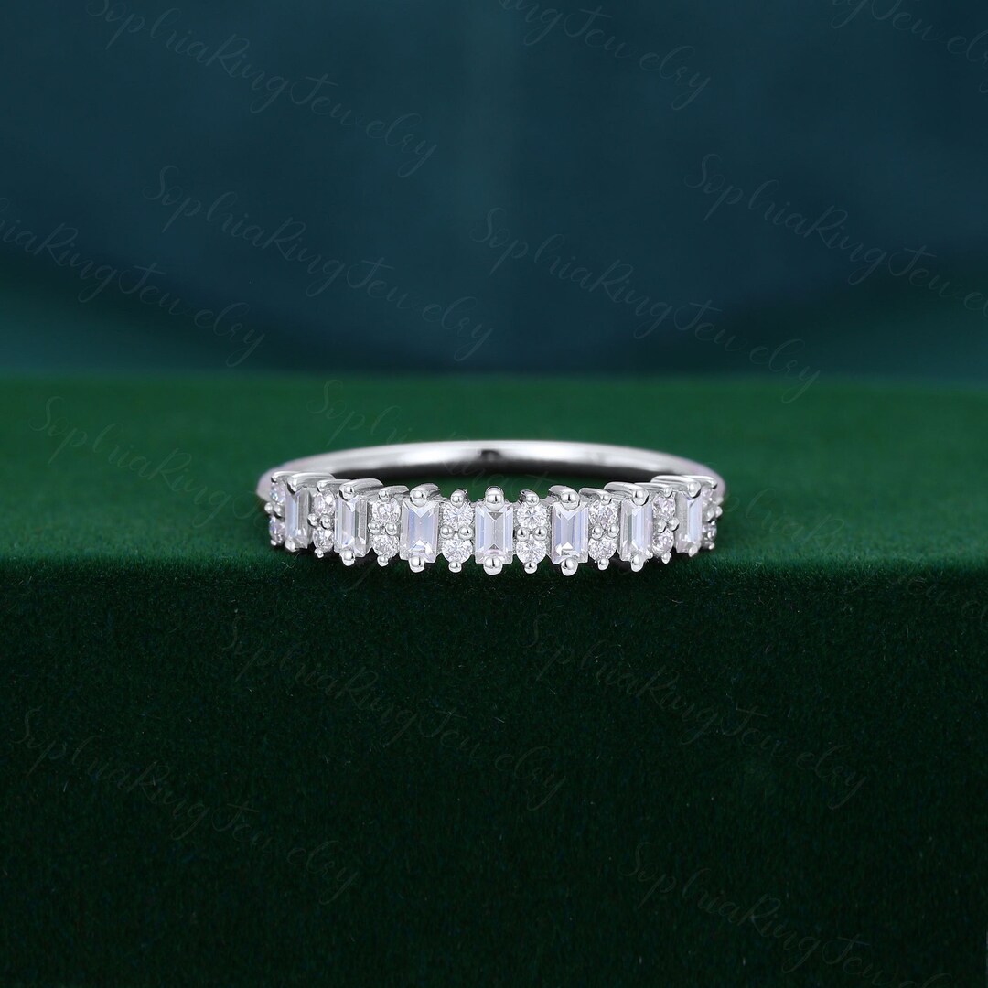 White Gold Moissanite Wedding Band Women Unique Half Eternity Wedding ...