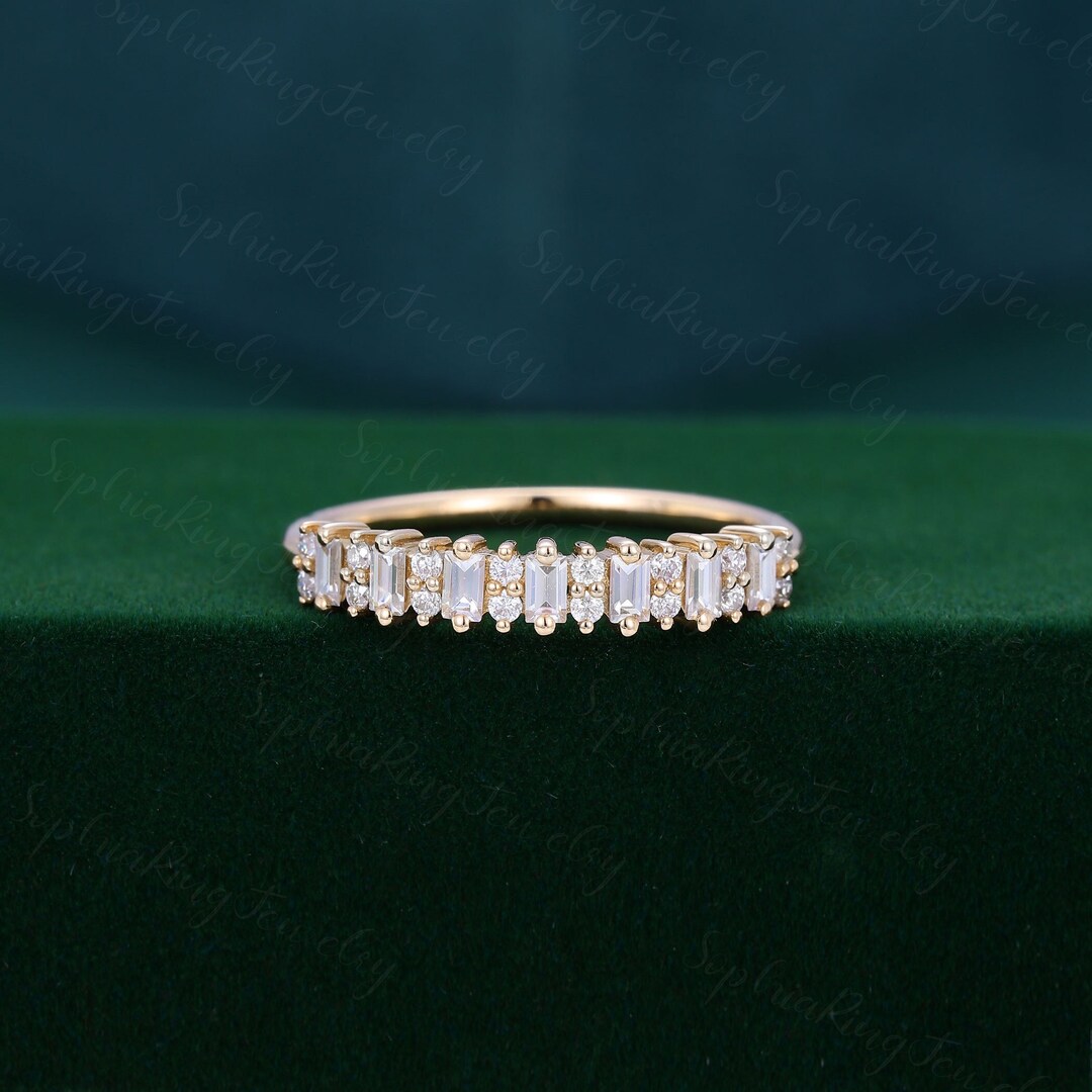 Yellow Gold Moissanite Wedding Band Women Unique Half Eternity Wedding ...