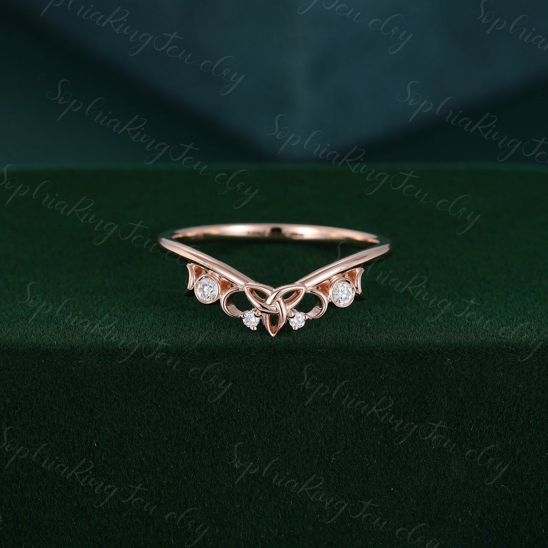 Curved Wedding Band Rose Gold Moissanite Wedding Band Women Unique Art ...
