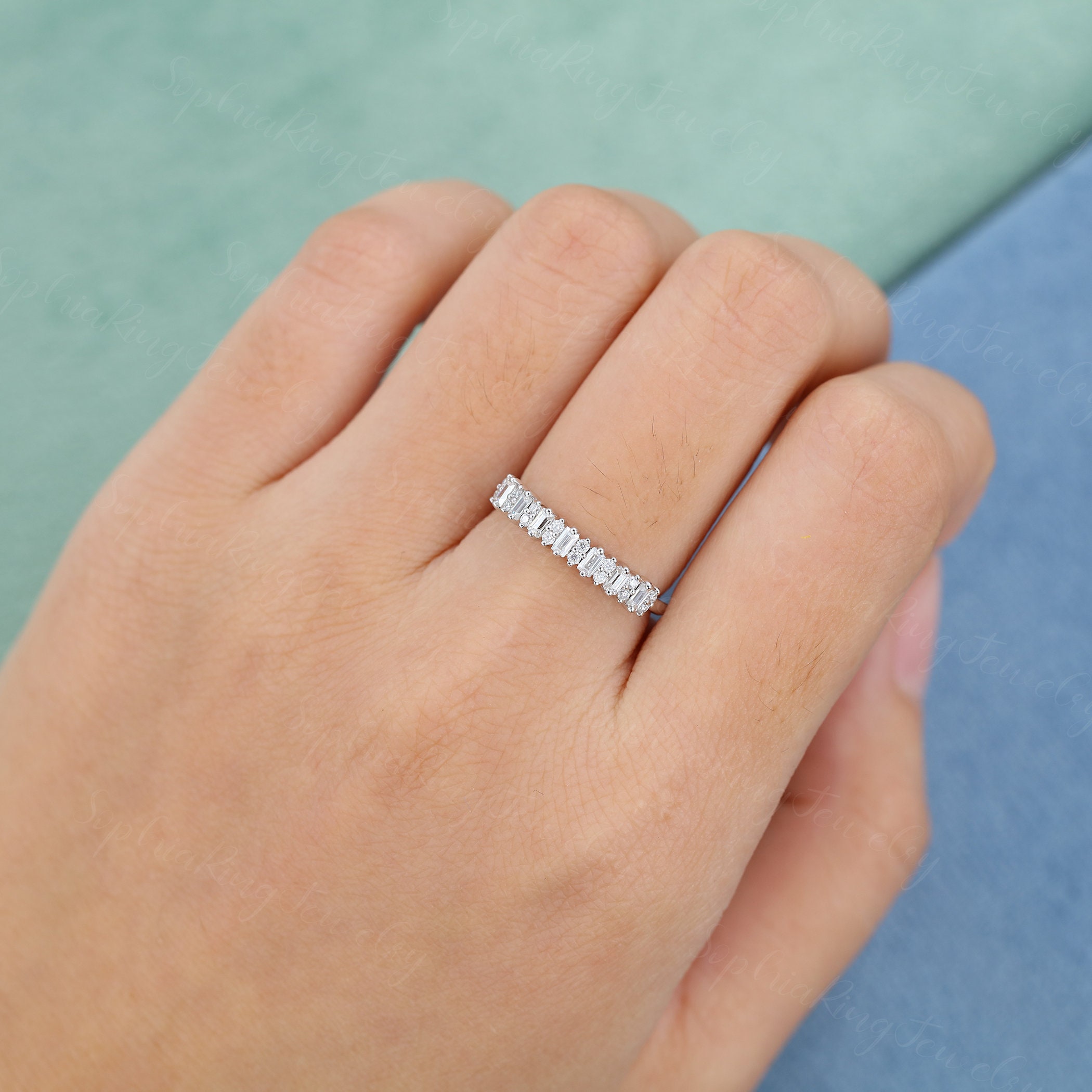 White Gold Moissanite Wedding Band Women Unique Half Eternity Wedding ...