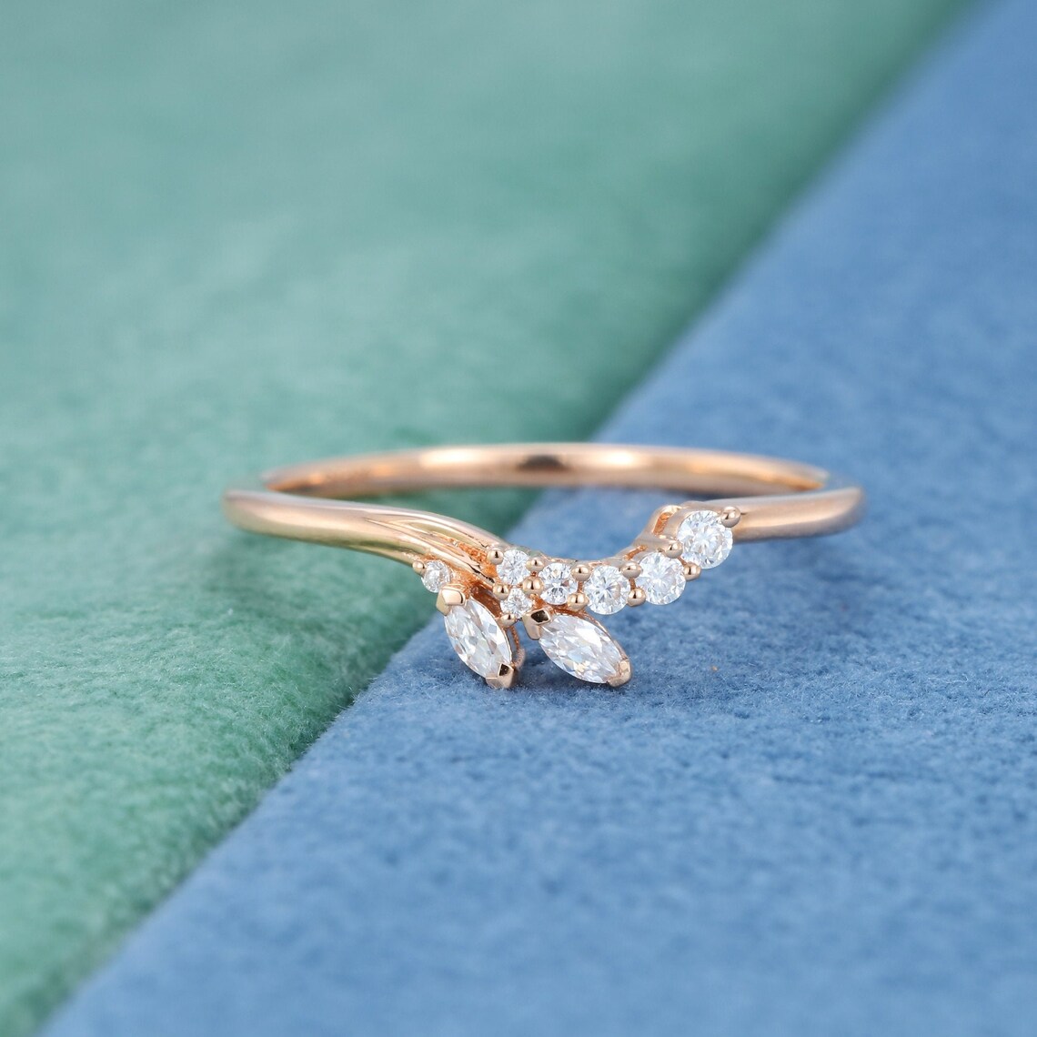 Rose Gold Marquise Cut Unique Wedding Band Curve Wedding Band - Etsy