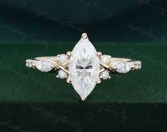 Anillo de compromiso de moissanita talla marquesa Anillo de compromiso de oro amarillo con diamantes talla marquesa estilo art déco vintage Regalo de aniversario nupcial