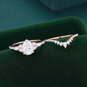 Pear shaped moissanite engagement ring set Vintage 10k/14k rose gold half eternity bridal promise diamond ring Stacking curved wedding band
