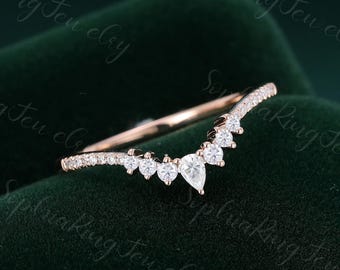 Curved wedding band Vintage 14k rose gold pear shaped moissanite ring for marriage Stacking matching diamond ring women Bridal promise ring