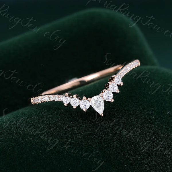 Curved wedding band Vintage 14k rose gold pear shaped moissanite ring for marriage Stacking matching diamond ring women Bridal promise ring
