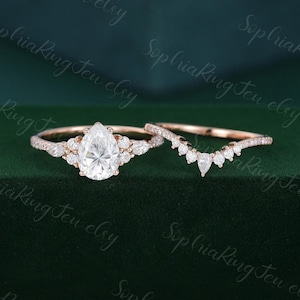 Pear shaped moissanite engagement ring set 10K/14K rose gold half eternity diamond ring Stacking curved wedding band Promise Gifts for women