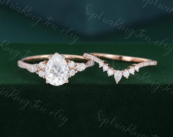 Zestaw pierścionków zaręczynowych z moissanitem w kształcie gruszki, vintage'owy pierścionek ślubny z różowego złota 10k/14k z diamentami, zakrzywiona obrączka ślubna, pierścionek zaręczynowy