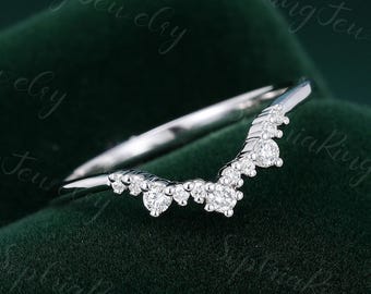 Pave moissanite curved wedding band for women White gold vintage cluster diamond marriage ring Stacking matching ring Bridal Promise gifts