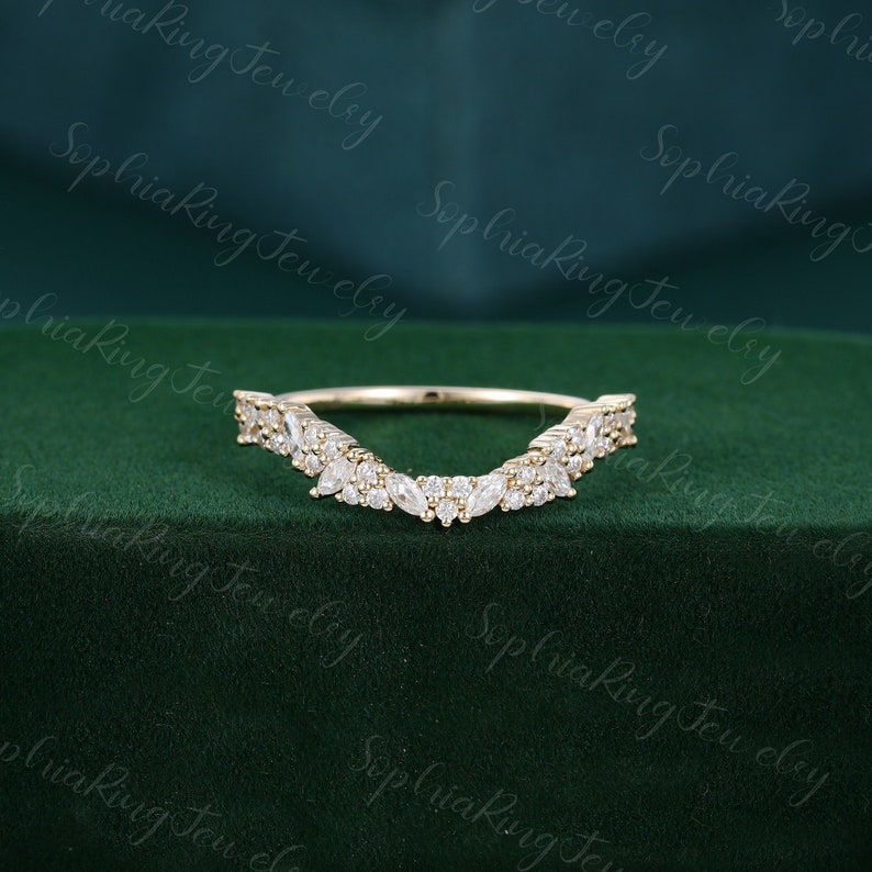 Curved Yellow Gold Moissanite Wedding Band Unique Marquise Diamond ...