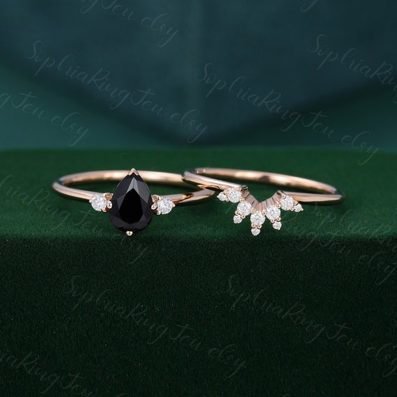 2PCS Black Onyx Engagement Ring Set for Women Rose Gold | Etsy