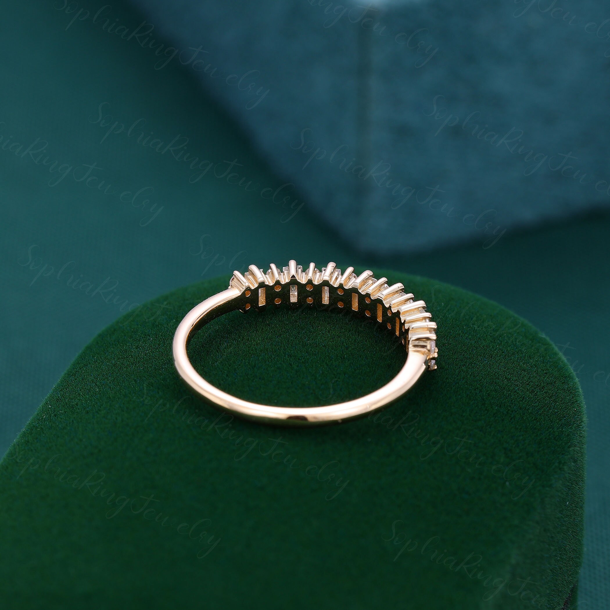 Yellow Gold Moissanite Wedding Band Women Unique Half Eternity Wedding ...