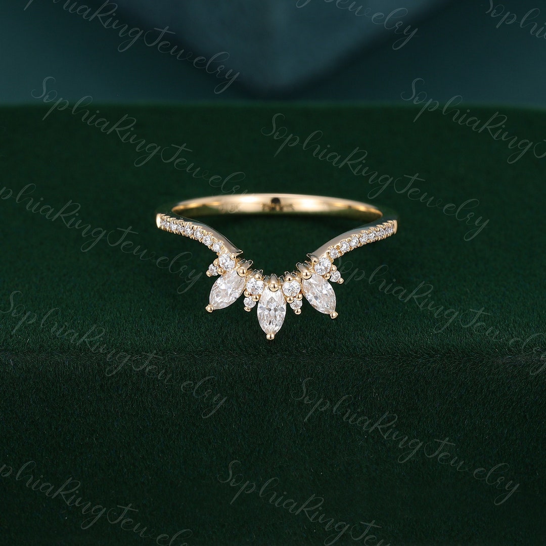Unique Marquise Cut Moissanite Curved Wedding Band Art Deco 14k Yellow ...