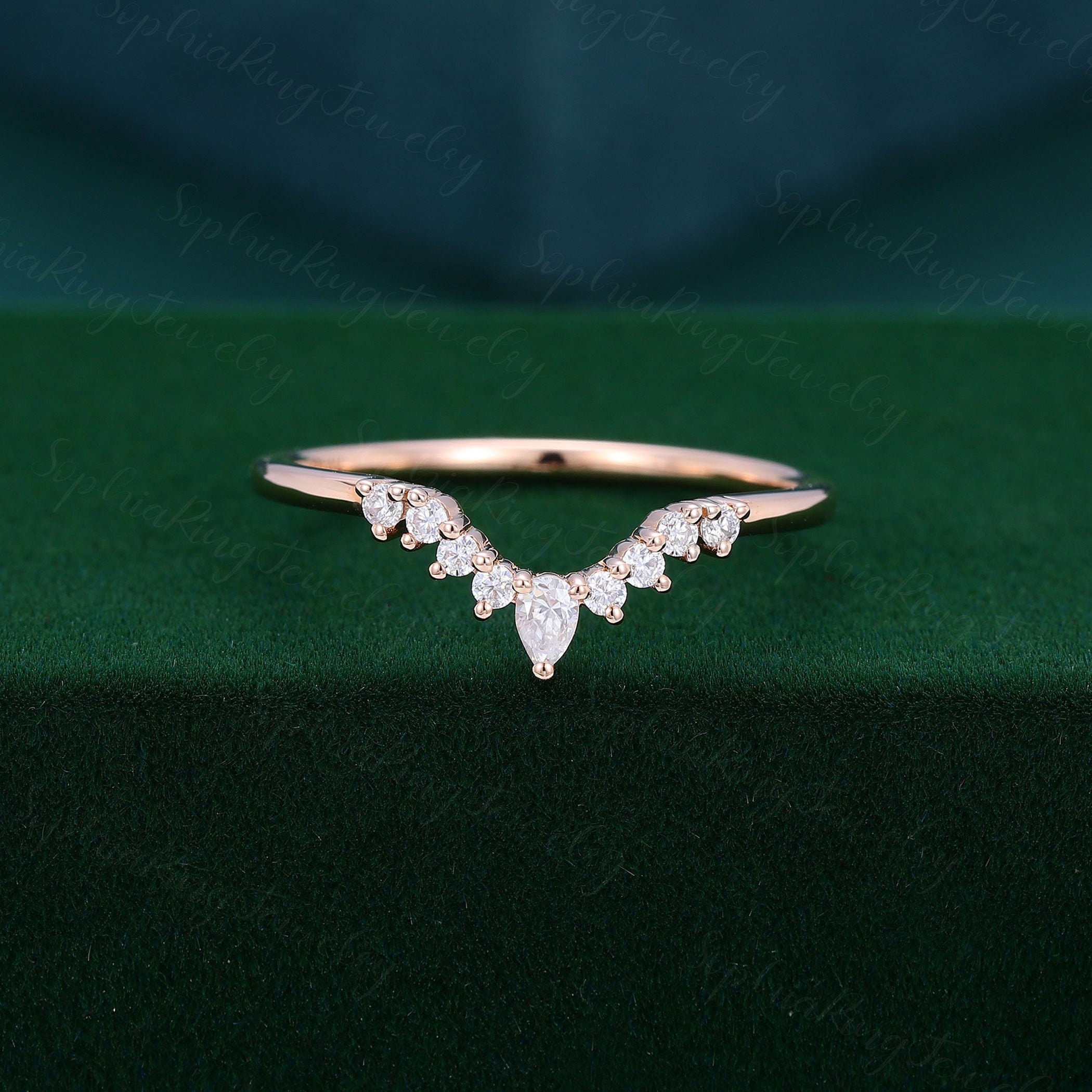 Pear shaped curve wedding band Rose gold moissanite wedding band unique wedding band vintage diamond stacking Unique Bridal Gift for her