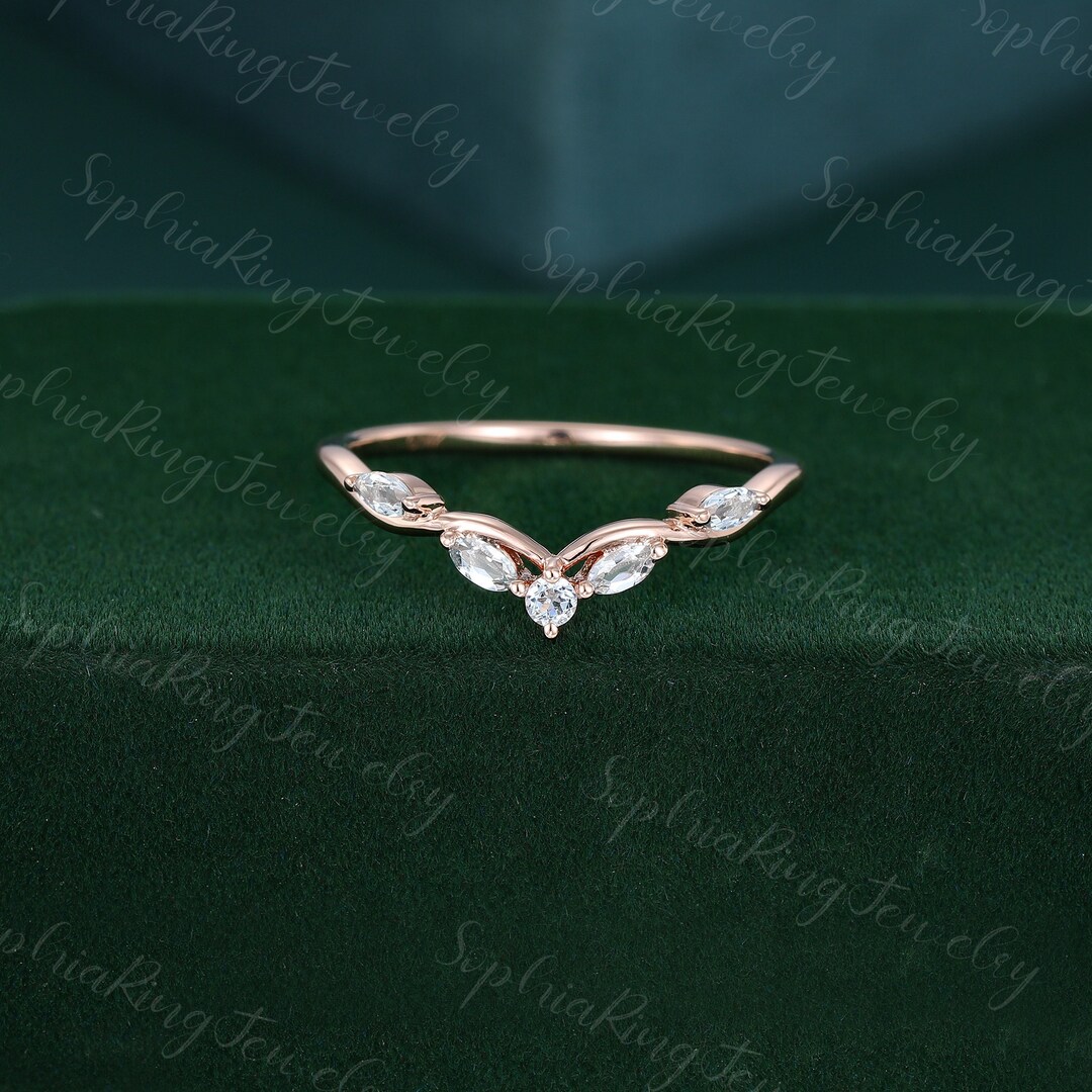 Marquise Aquamarine Curved Wedding Band Unique 14k Rose Gold Cluster ...