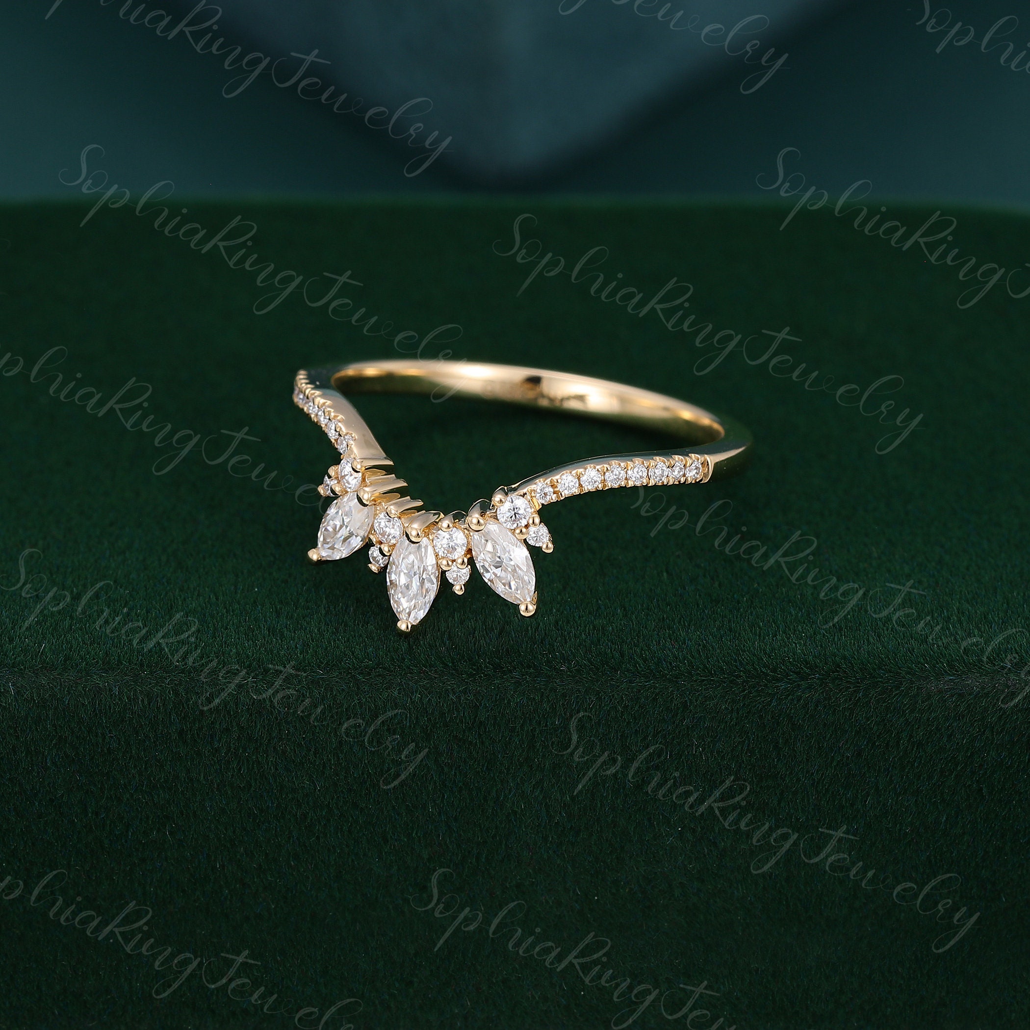 Unique Marquise Cut Moissanite Curved Wedding Band Art Deco 14k Yellow ...