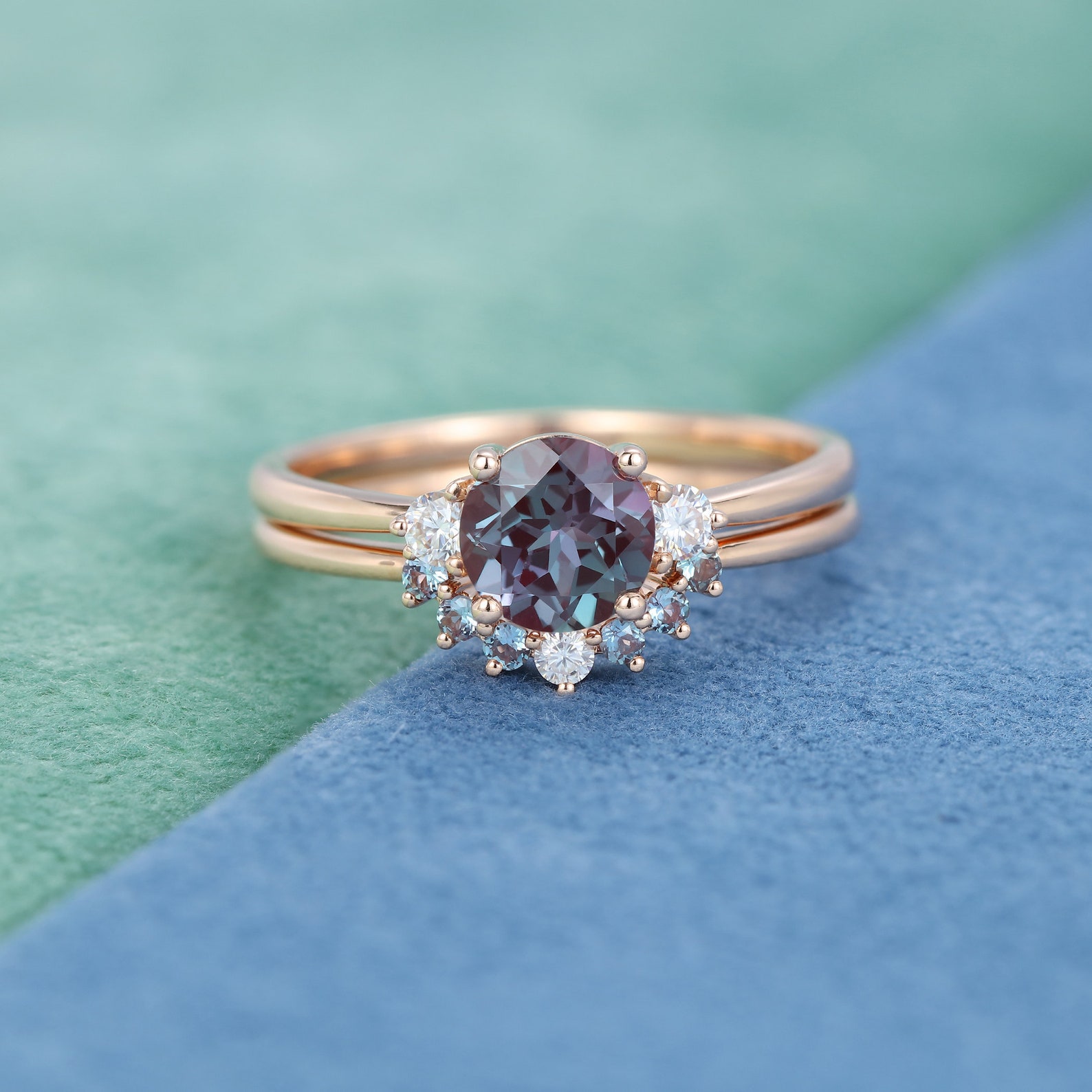 2PCS Alexandrite engagement ring set Unique Cluster Three Etsy