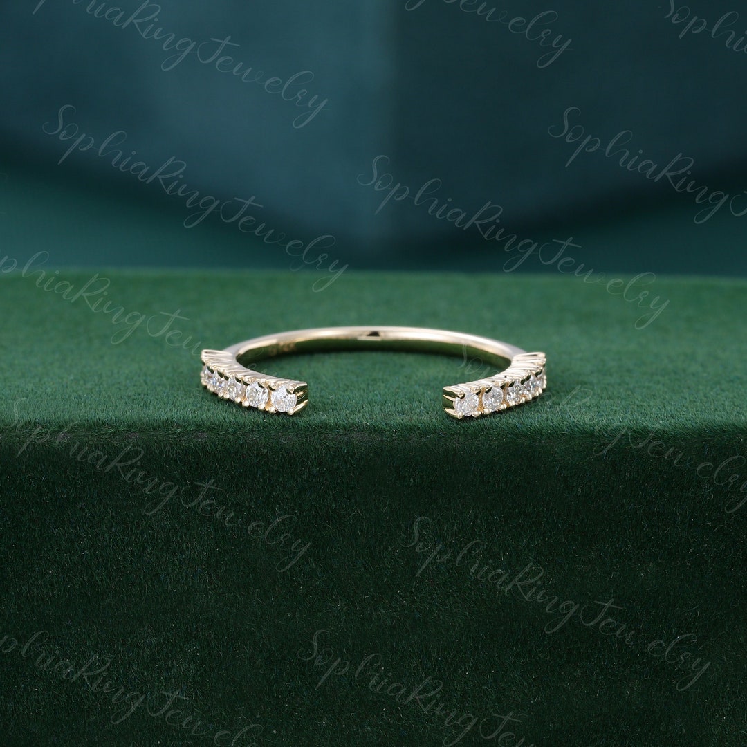 Round Cut Moissanite Wedding Band Yellow Gold Vintage Open Wedding Band ...
