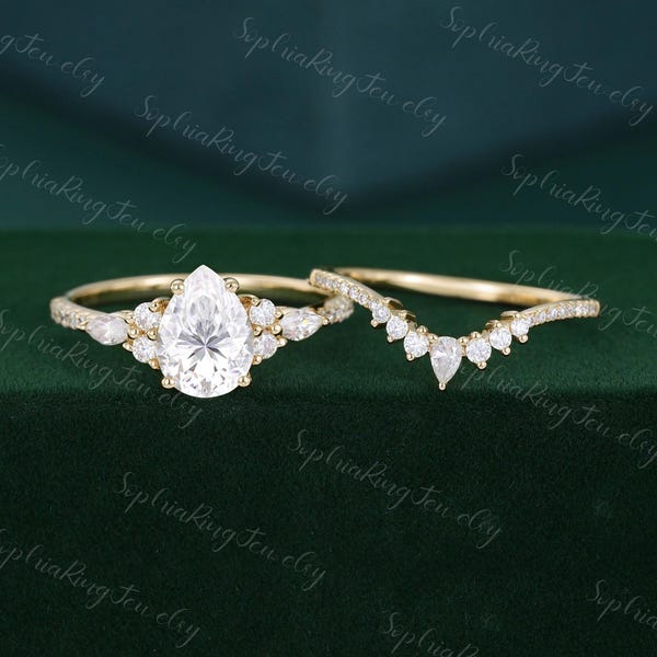 Pear shaped moissanite engagement ring set women Vintage 10k yellow gold art deco bridal promise diamond ring Stacking curved wedding band