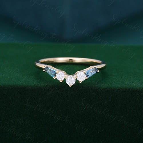 London Blue Topaz Ring Curved Wedding Band Unique 14K Yellow Etsy