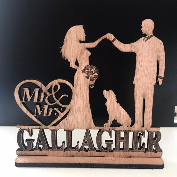 Mr and Mrs Cake Topper,Bride and Groom With Dog or cat ,Couple Silhouette,Custom Wedding Cake Topper,Dog Cake Topper