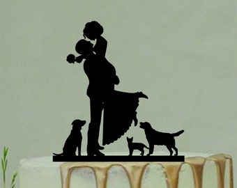 Bride and Groom With two Dog and Cat,Couple Silhouette,Custom Wedding Cake Topper,Dog Cake Topper,Cat Cake Topper,Wedding Silhouette Decor