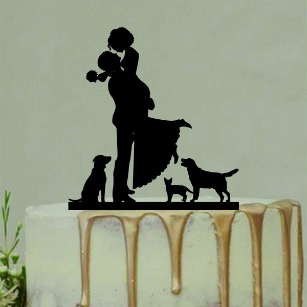 Sposa e sposo con due cane e gatto, coppia Silhouette, Custom Wedding Cake Topper, Dog Cake Topper, Cat Cake Topper, Wedding Silhouette Decor