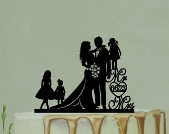 Décoration de gâteau de mariage familial, mariée et marié avec trois enfants, silhouette de couple, décoration de gâteau de mariage personnalisée