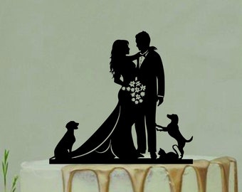 Bride and Groom With two Dog and Cat,Couple Silhouette,Custom Wedding Cake Topper,Dog Cake Topper,Cat Cake Topper,Wedding Silhouette Decor