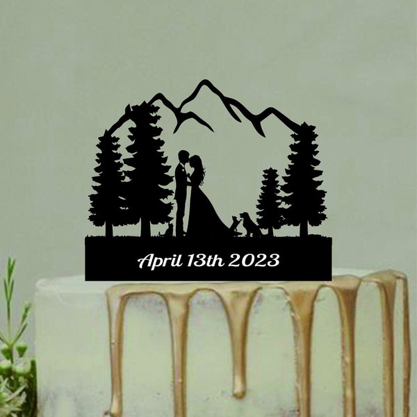 Outdoor Wedding Cake Topper,Bride and Groom withTwo Cat and Dog Cake Topper,Custom Mountain Cake Topper,Personalized Cake Topper,Tree Topper