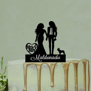 Mrs and Mrs Couple Silhouette, Lesbian Wedding Cake Topper with Wedding date and dog. Same Sex Wedding Cake Topper with dog
